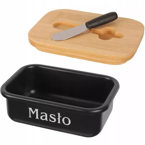 Zdjęcie produktu Maselniczka czarna pojemnik metalowy na masło z nożem i pokrywą bambusową 5