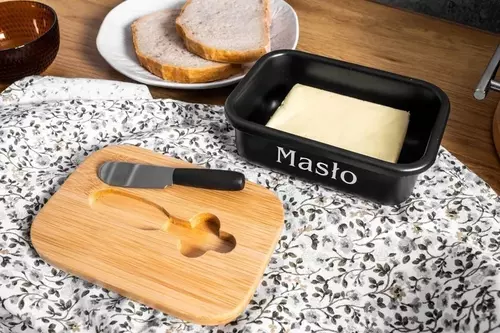 Zdjęcie produktu Maselniczka czarna pojemnik metalowy na masło z nożem i pokrywą bambusową 6