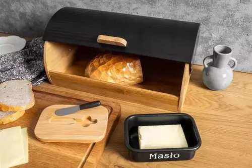 Zdjęcie produktu Maselniczka czarna pojemnik metalowy na masło z nożem i pokrywą bambusową 8