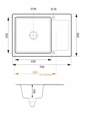 Zdjęcie produktu Zlewozmywak granitowy zlew kuchenny jednokomorowy z ociekaczem CORDEO 70 czarny metalik 70 x 50 cm 6