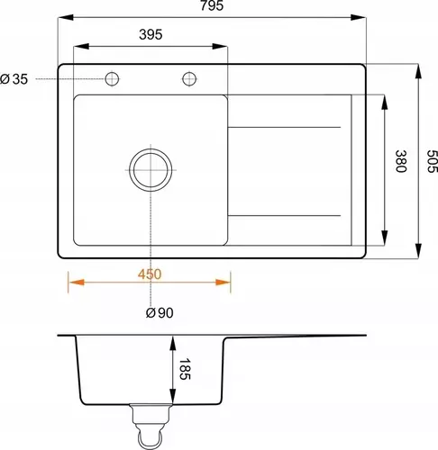 Zdjęcie produktu Zlewozmywak granitowy zlew kuchenny jednokomorowy z ociekaczem MINGUS 80L biały 79,5 x 50,5 cm  5