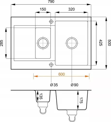 Zdjęcie produktu Zlewozmywak granitowy zlew półtorakomorowy z ociekaczem Cordeo 79 czarny metalik 79 x 50 cm 3