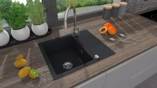 Zdjęcie produktu Zlewozmywak granitowy zlew kuchenny jednokomorowy z ociekaczem CORDEO 59 czarny nakrapiany 59 x 50 cm 5