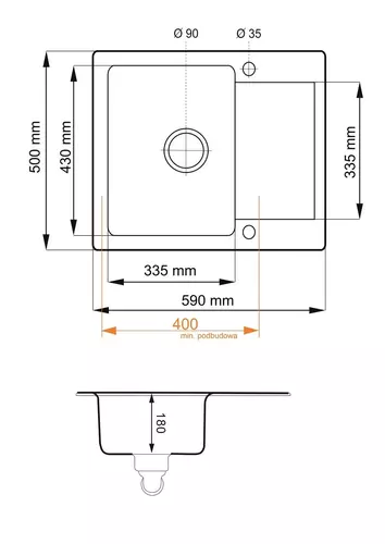 Zdjęcie produktu Zlewozmywak granitowy zlew kuchenny jednokomorowy z ociekaczem CORDEO 59 czarny metalik 59 x 50 cm 6
