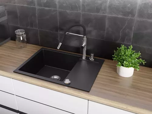 Zdjęcie produktu Zlewozmywak granitowy zlew kuchenny jednokomorowy z ociekaczem CORDEO 70 czarny metalik 70 x 50 cm 10