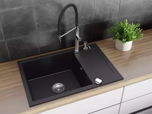 Zdjęcie produktu Zlewozmywak granitowy zlew kuchenny jednokomorowy z ociekaczem CORDEO 70 czarny metalik 70 x 50 cm 8
