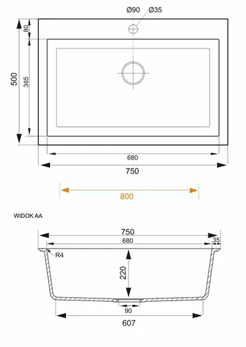 Zdjęcie produktu Zlewozmywak granitowy zlew kuchenny jednokomorowy podwieszany MARTEL 1K75 biały 75 x 50 cm 3